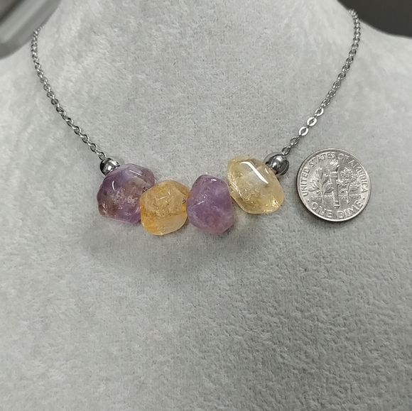 Citrine Amethyst Necklace Natural Gemstone Crystal Pendant Stainless-Steel 19.5" - Picture 10 of 11